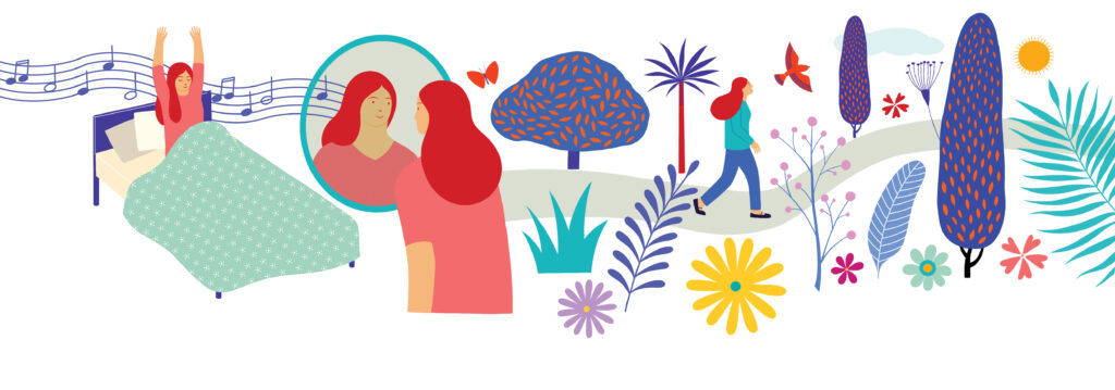 正念的力量与可持续的自我关怀 - 插图显示一个女人照镜子、起床和走在户外小径上