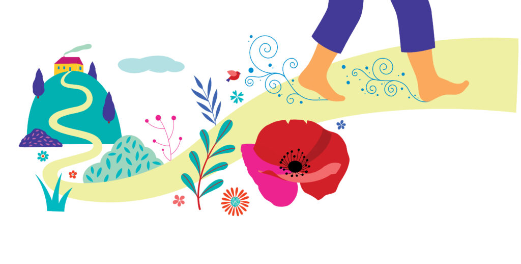 正念的力量与可持续的自我关怀 - 插图显示一个人走在户外小径上