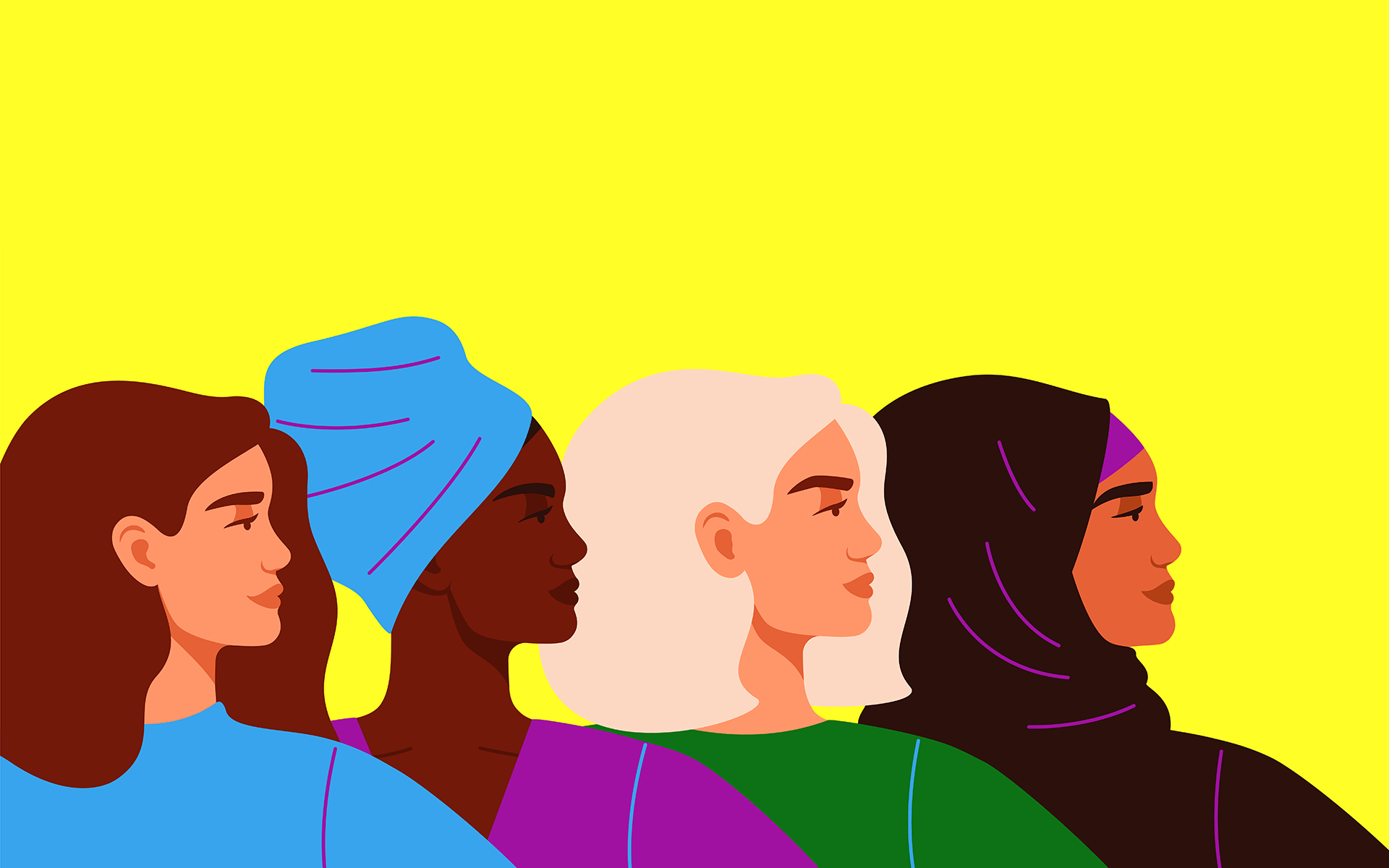 一幅插图，展示了四个不同的女性肩部以上的轮廓。所有人都朝向画面右侧，背景为黄色。