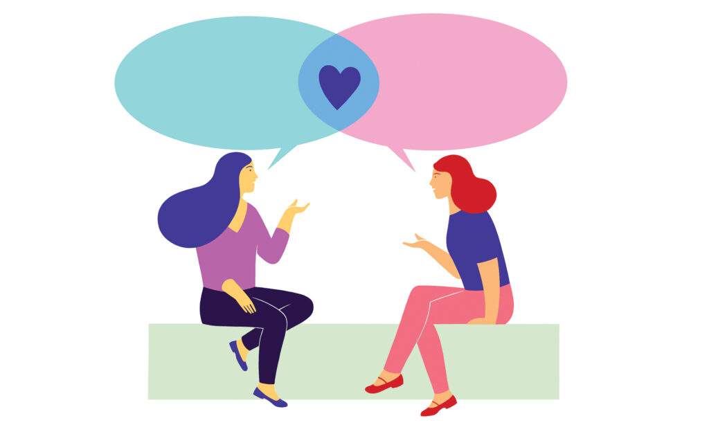 正念的力量与可持续的自我关怀 - 插图显示两位女士深入交谈