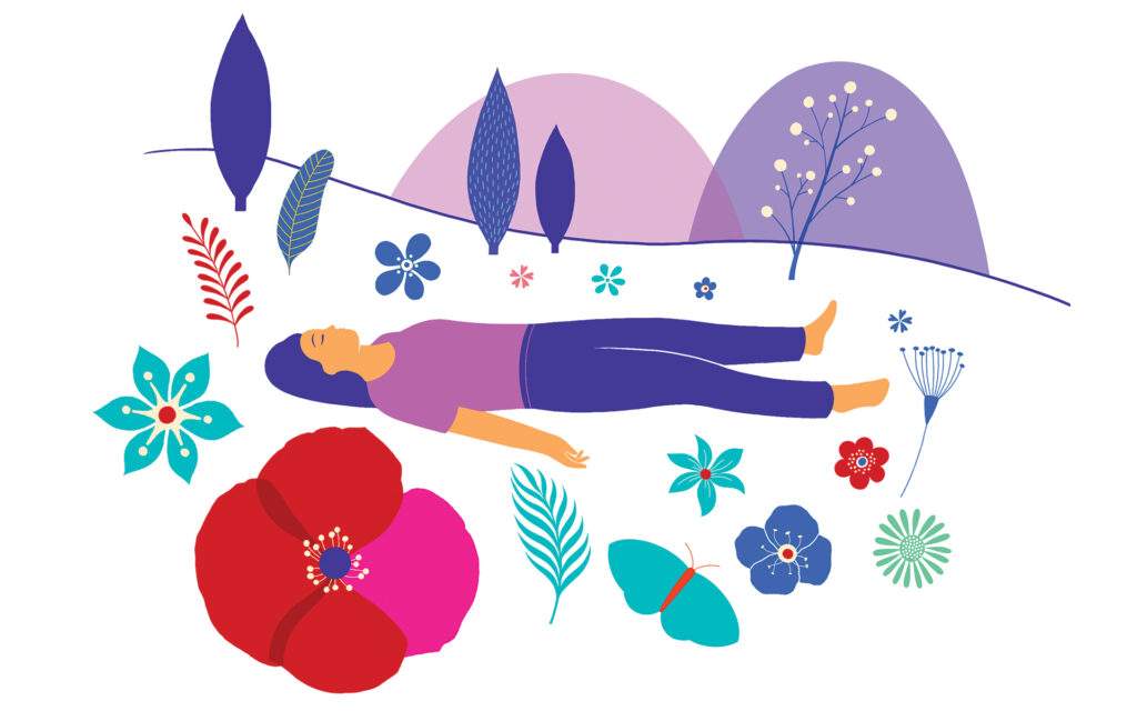 正念的力量与可持续的自我关怀 - 插图显示一个女人躺下冥想