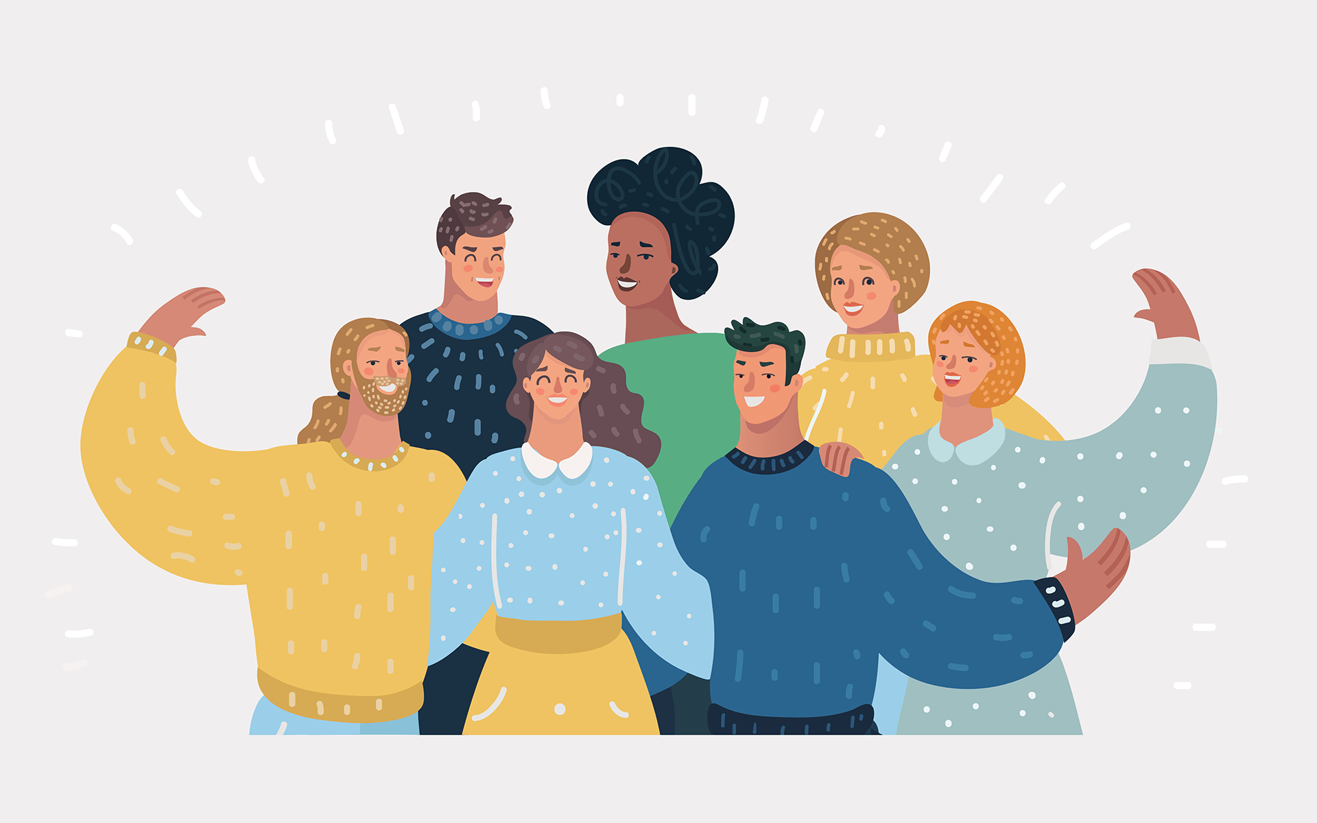 3 Ways to Bring Vitality and Purpose to Your Life—Illustration of seven people in a group with their arms wrapped around one another. The background is light grey and there are small white lines surrounding them.