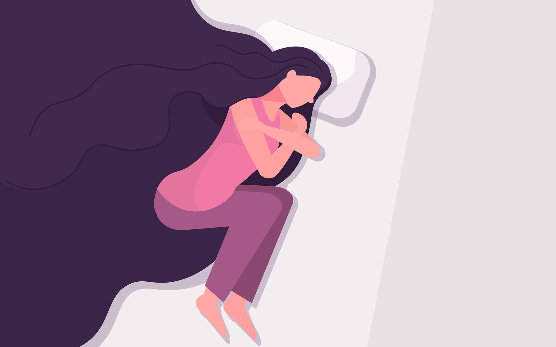 正念冥想引导练习，处理悲伤 - 忧郁的女孩躺在床上哭泣，抑郁女孩躺在床上海报概念