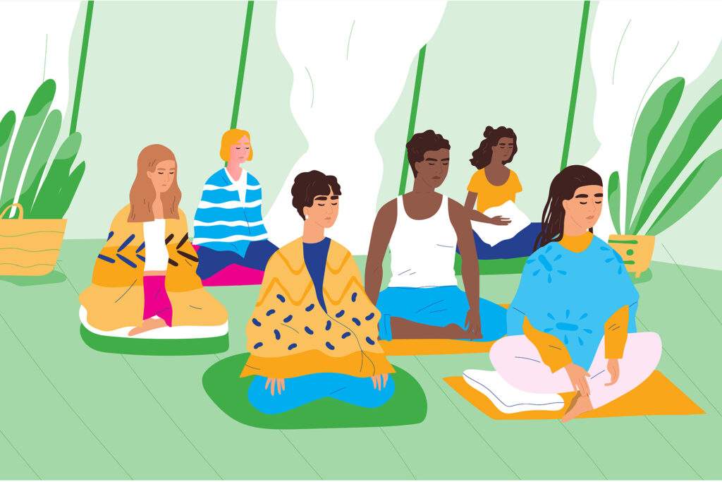 一群人跟随引导式冥想应对焦虑