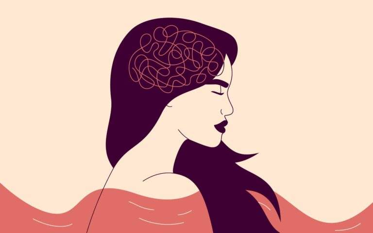 抑郁的女人在波涛汹涌的水中,头发飞扬。迷失的女孩感到沮丧和困惑。心理问题、心理健康和大脑疾病的概念。