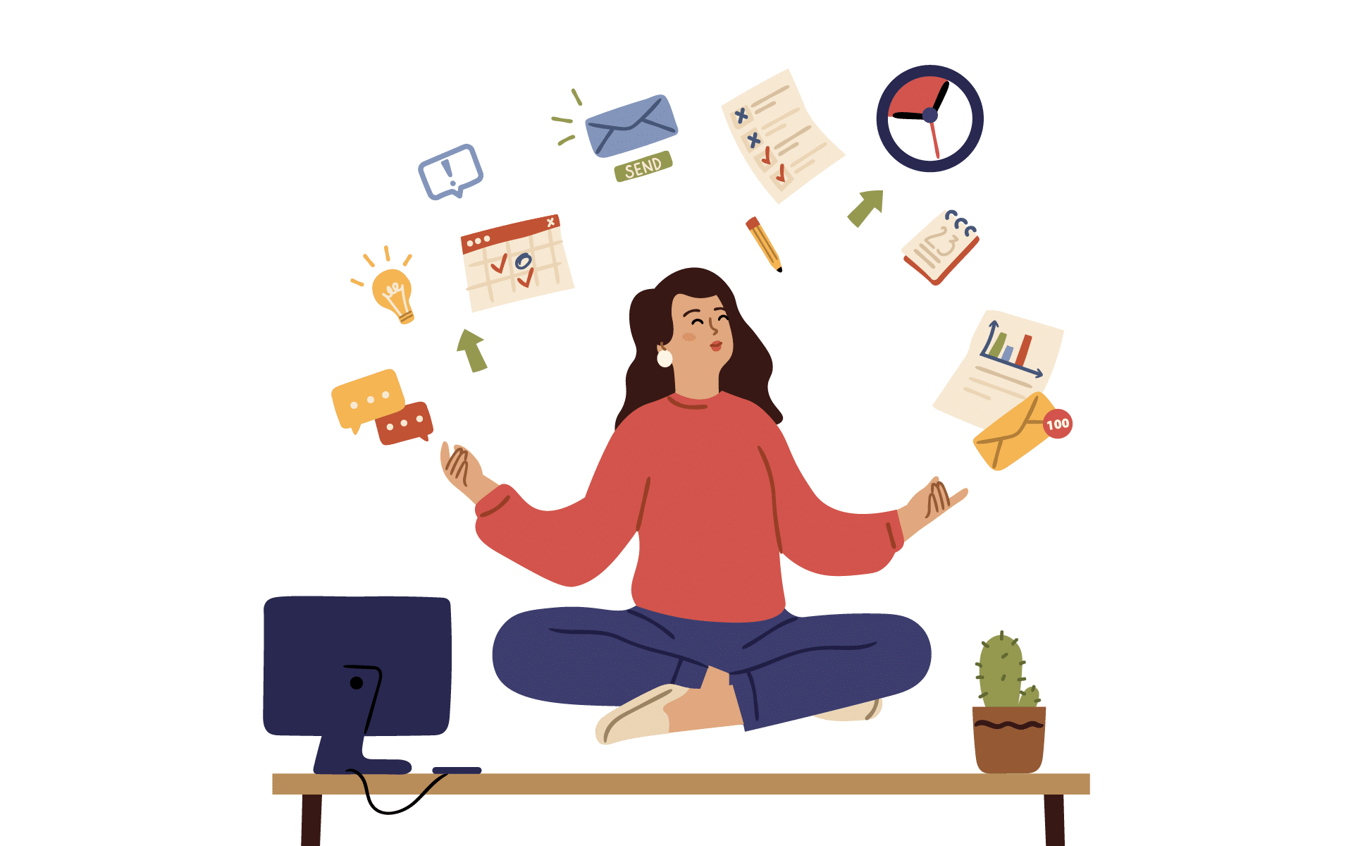 Cartoon illustration of a woman sitting cross-legged and floating above her desk with a laptop and plant on it, and she is meditating while juggling everyday objects like her to-do list
