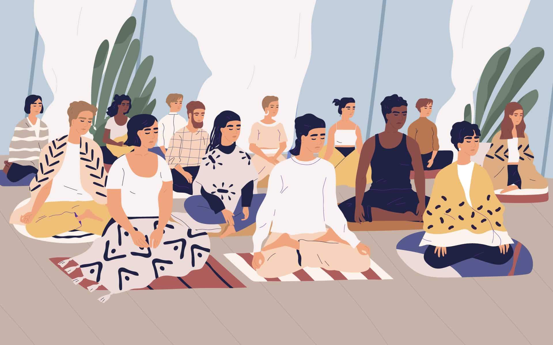 一组闭着眼睛双腿交叉打坐的宁静女性。瑜伽莲花姿势中的冥想练习。禅与和谐的概念。