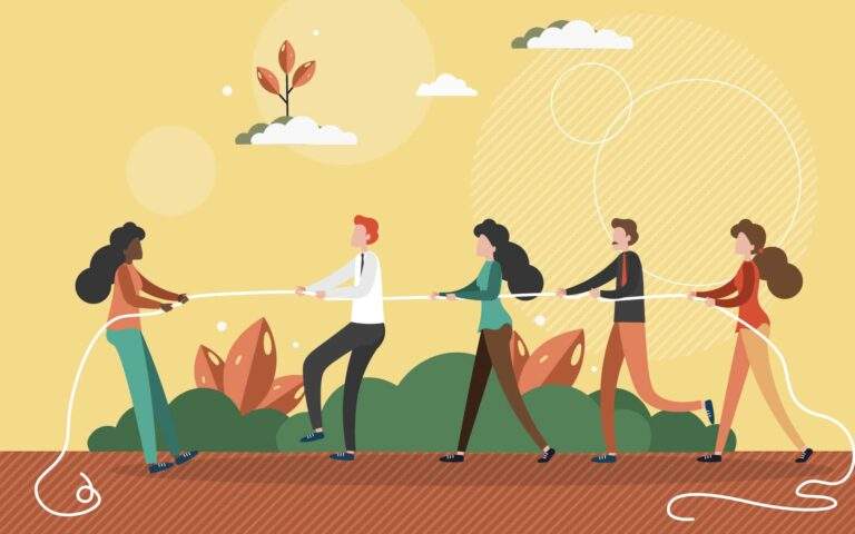 黑人女性拉绳子对抗一群白人。停止商业中的种族主义概念向量插图。黑人的命也是命。争取权利、种族和性别平等。拔河比赛