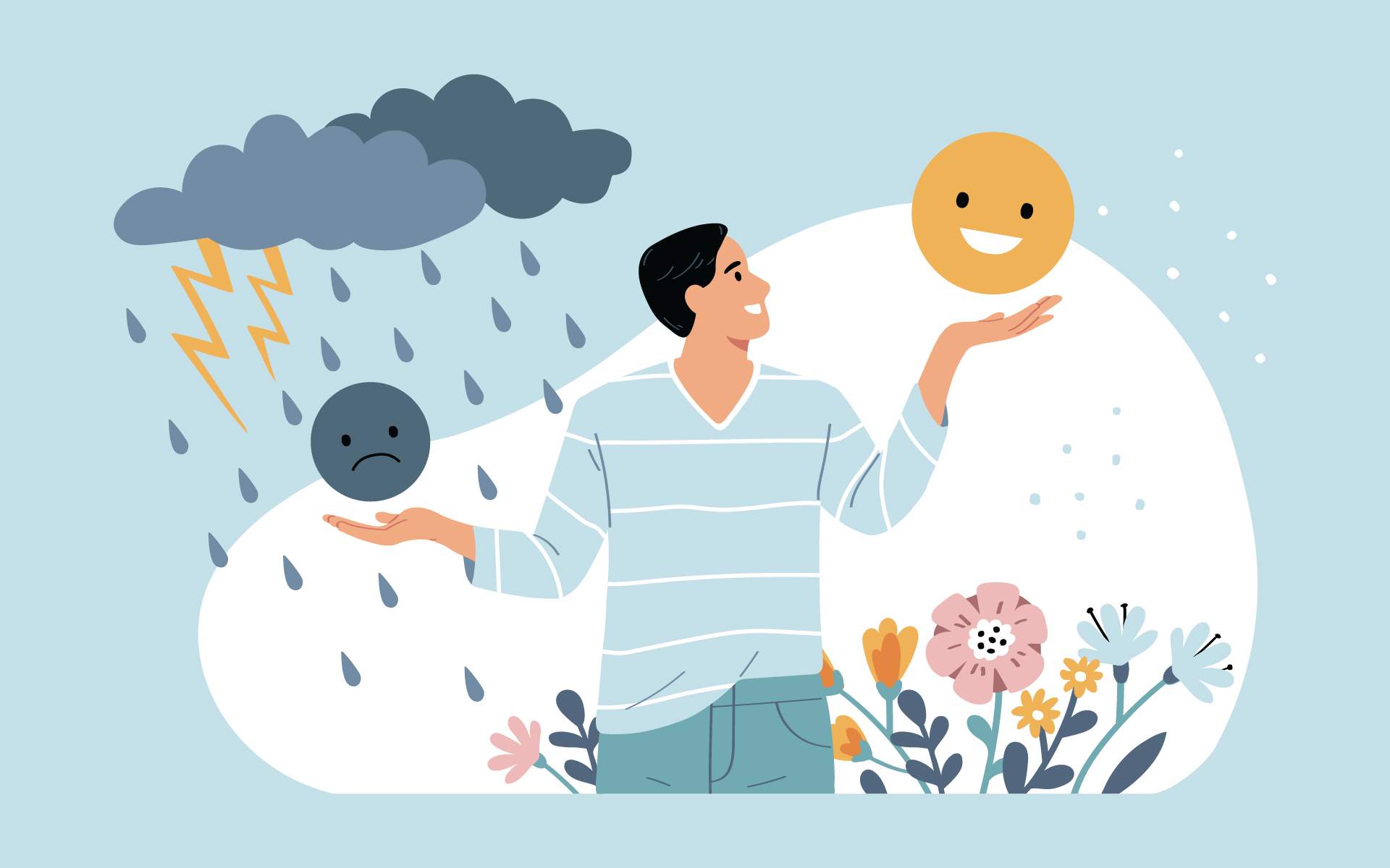 为什么情感控制很重要 / 插图展示一个人左手拿着一个悲伤的脸，右手拿着一个笑脸。