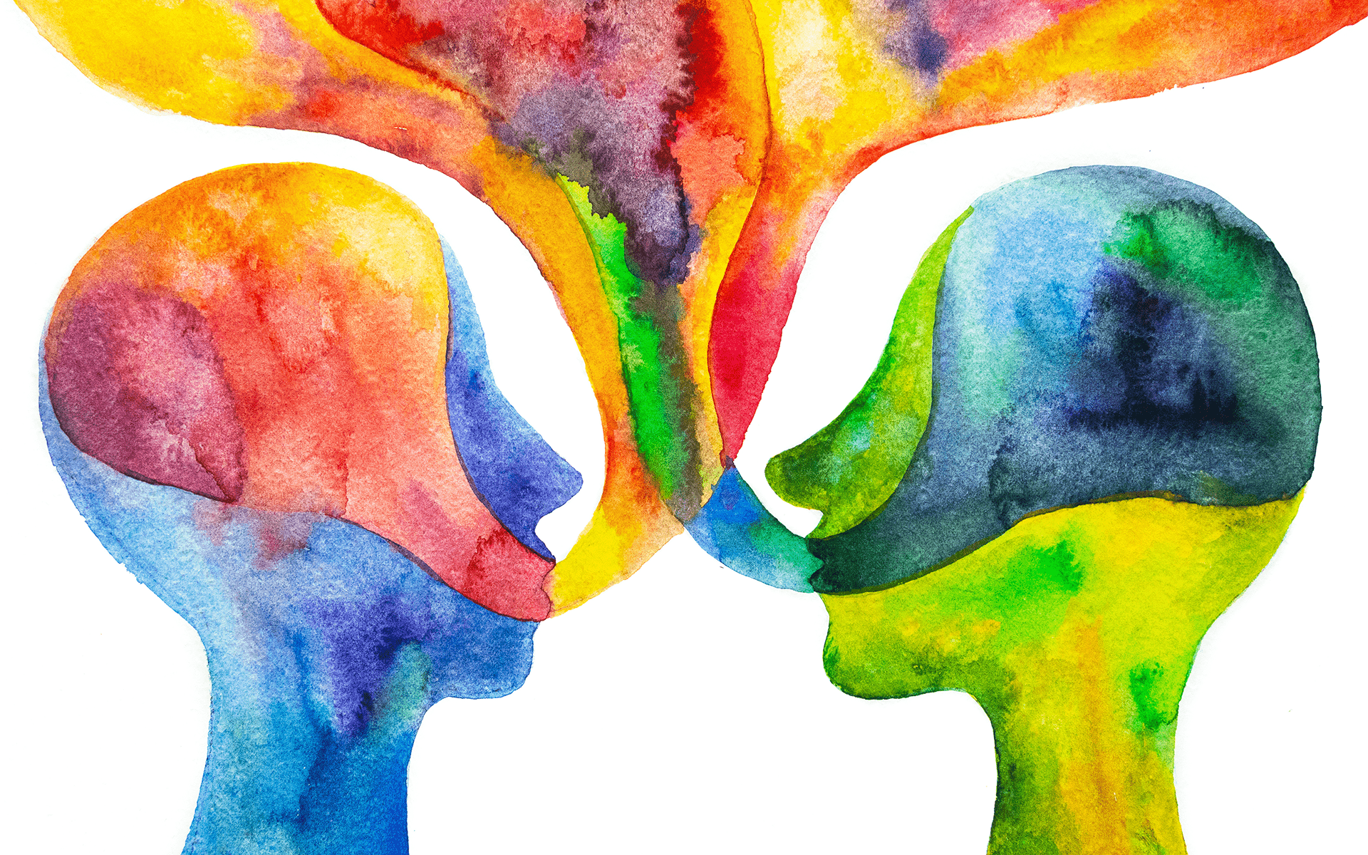 探索Ojibwe词汇中的正念见解——两幅色彩斑斓的剪影，嘴里吐出交织的泡泡