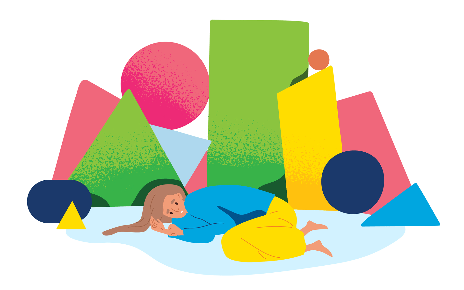 插图显示一位穿着蓝色衬衫和黄色裤子的女人躺在地上,看起来很悲伤,面前有一堆各种形状的物体