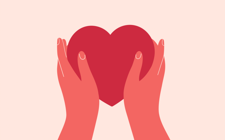 插图:两只手握住一个红色心形。
