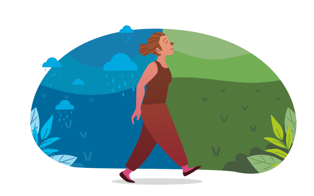 正念应对哀伤与失落 - 插图:一位女士从黑暗环境走向光明环境