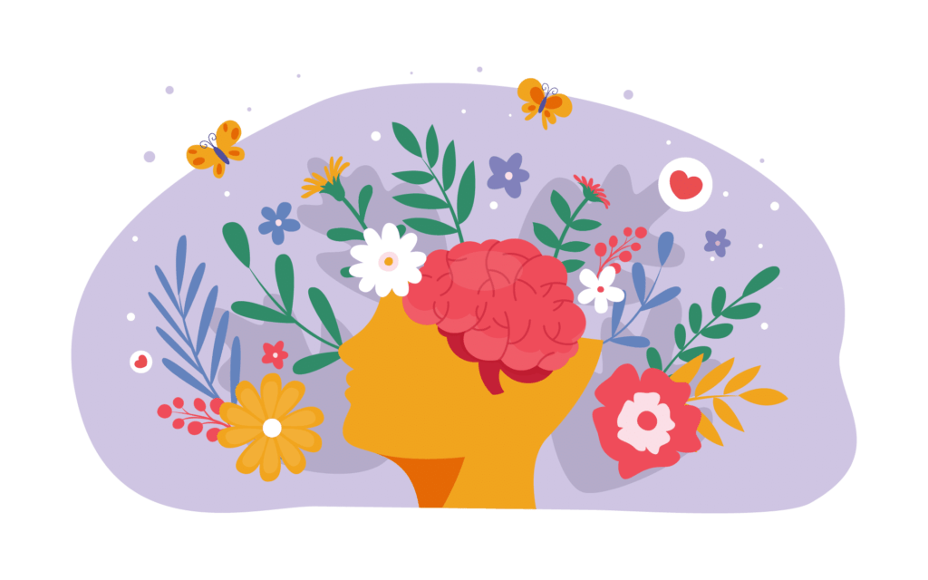 正念应对哀伤与失落 - 插图:大脑周围绽放着花朵