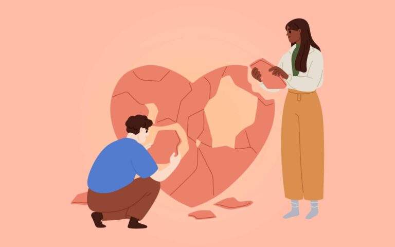 如何用正念疗愈白人脆弱性——插图显示一位白人和一位有色人种一起修复一颗破碎的心