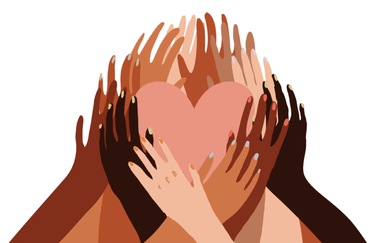插图显示一群不同肤色的人手牵手拿着一颗心。多样化的群体，种族平等