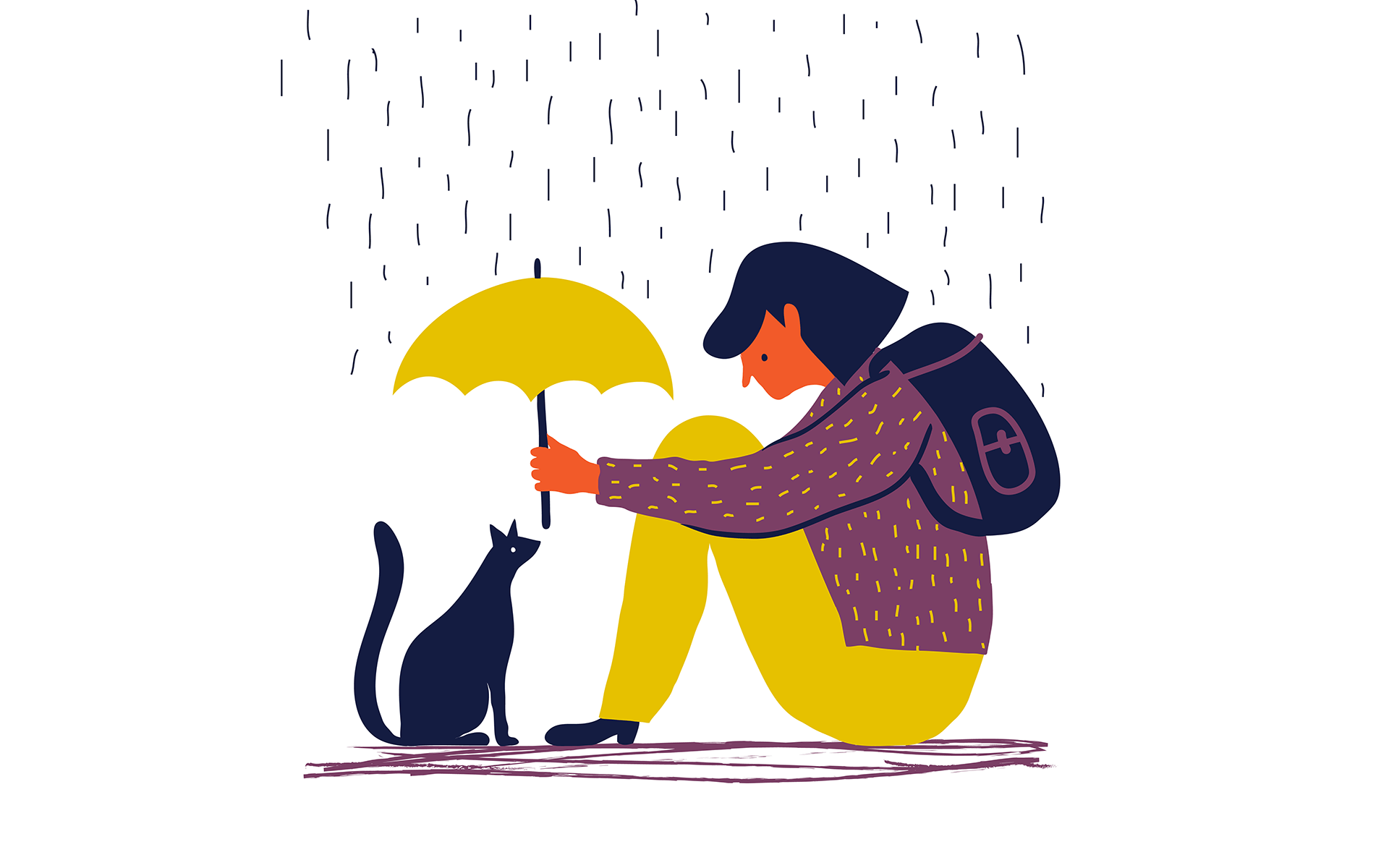 如何在困难情境中故意且充满爱地展现——插图展示了一个女孩坐在地上，撑着伞遮盖面前的一只猫