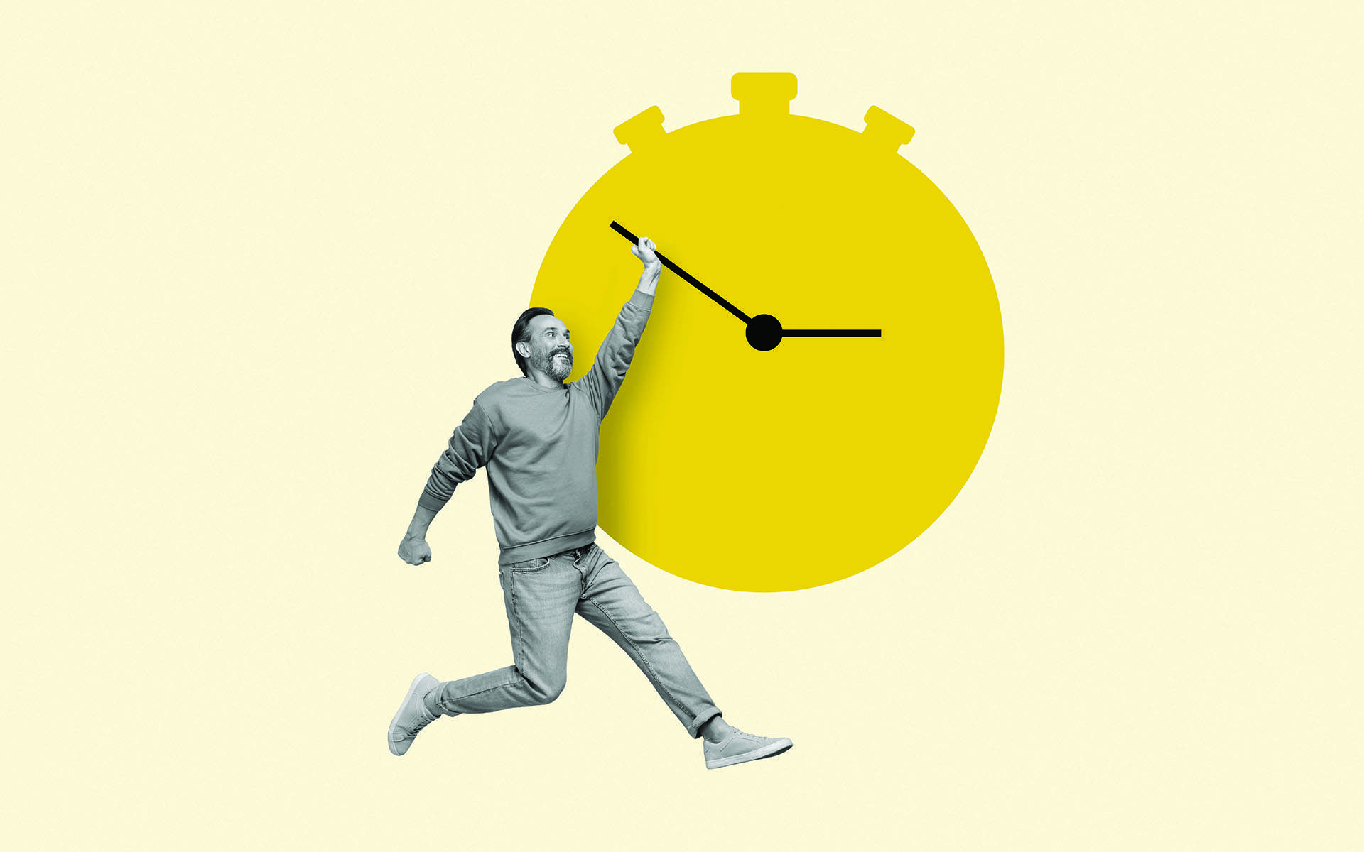 由一个人握住黄色时钟的手试图减缓时间的照片拼贴