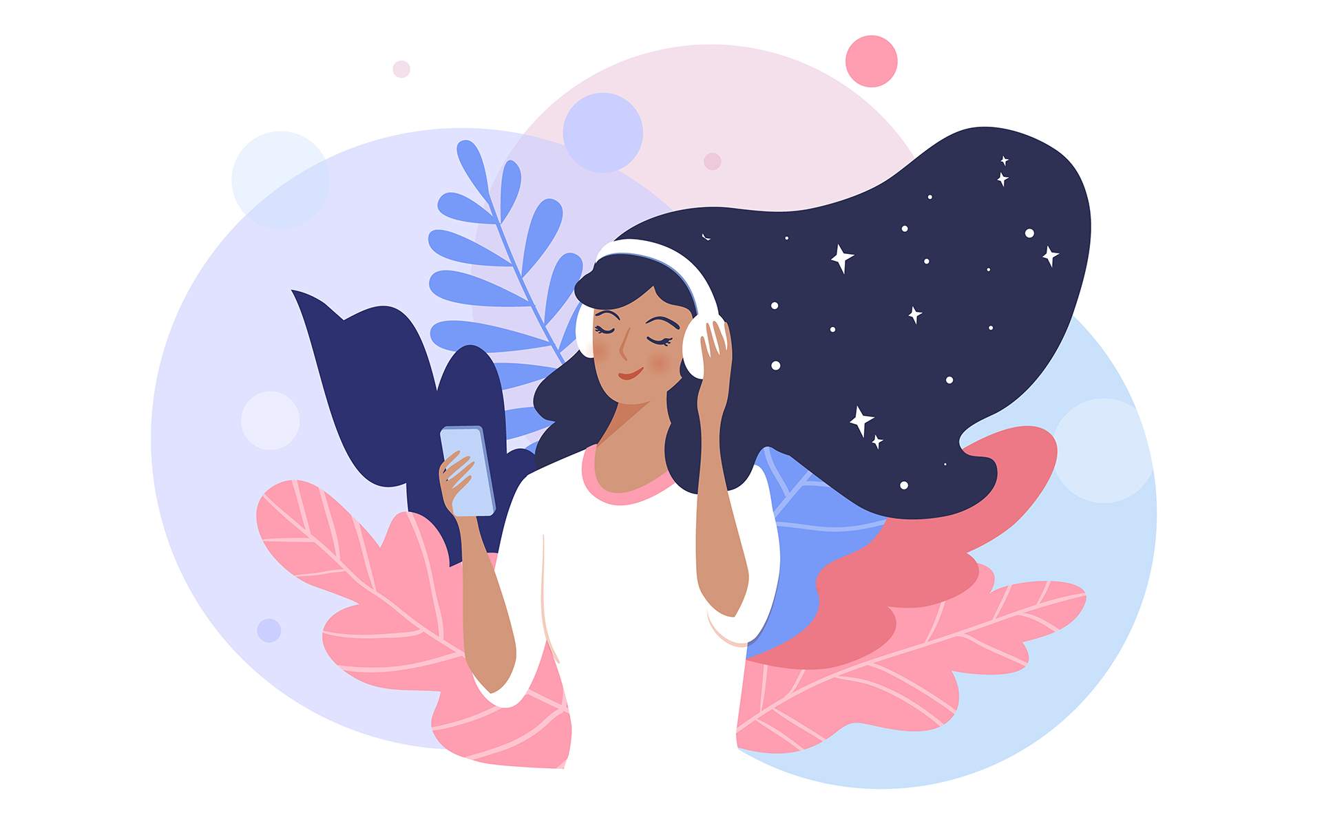 2021年十大指导冥想 - 女人在用智能手机听音乐和放松。