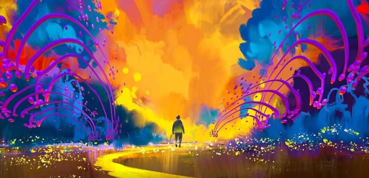 watercolor person walking into sunset