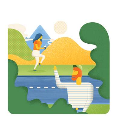 留胡子的姜黄色男子向喝咖啡的女人挥手