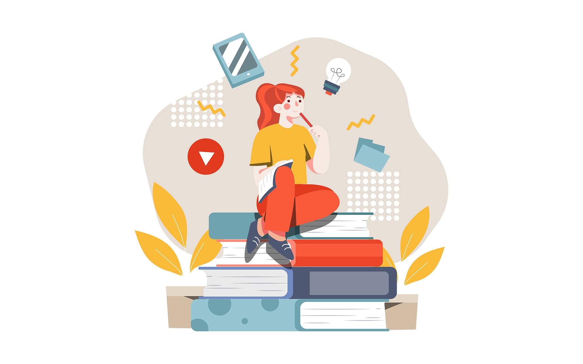 Illustration of a young woman with white skin and red hair sitting atop a large pile of books with a pensive expression.