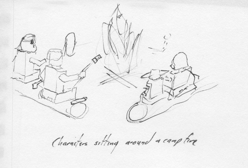 角色围坐在篝火旁。