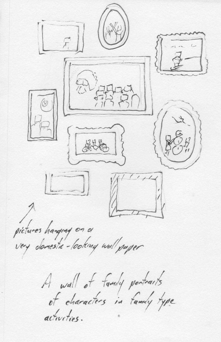 墙上挂着家庭活动类型的照片。