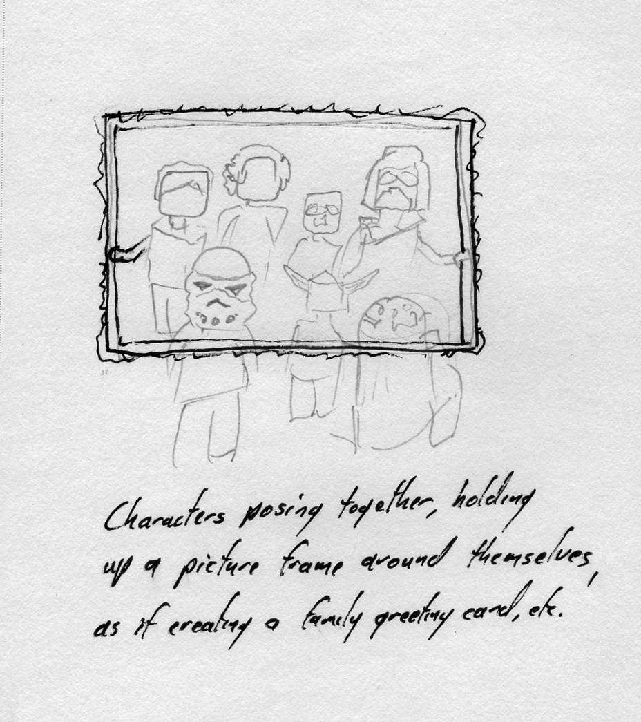 角色们一起摆姿势，举起相框围绕自己，仿佛在制作家庭贺卡等。