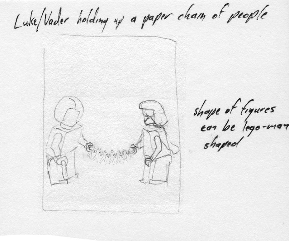 Luke/Vader举着一串人的纸链。