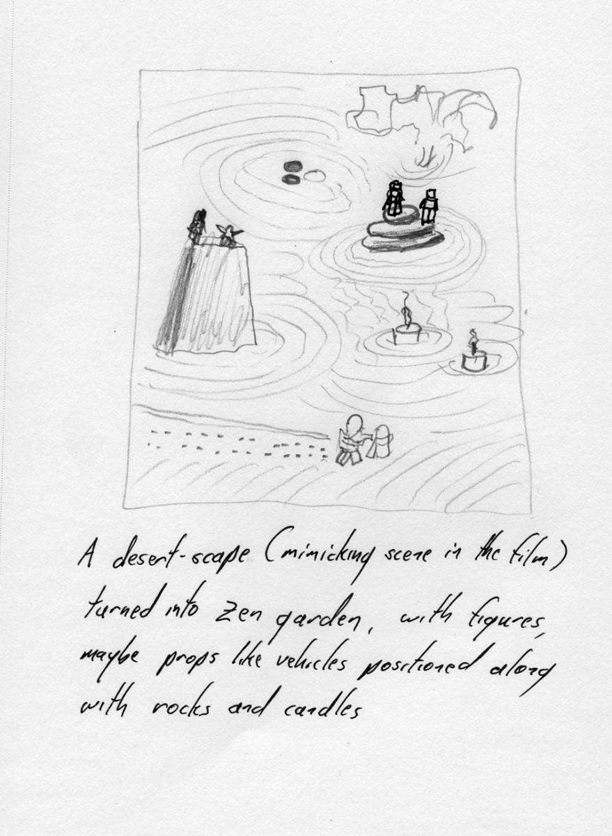 沙漠景观（模仿电影场景）变成禅园，人物、可能还有车辆道具，沿着石头和蜡烛摆放